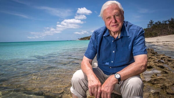 David Attenborough at the Great Barrier Reef presenting.