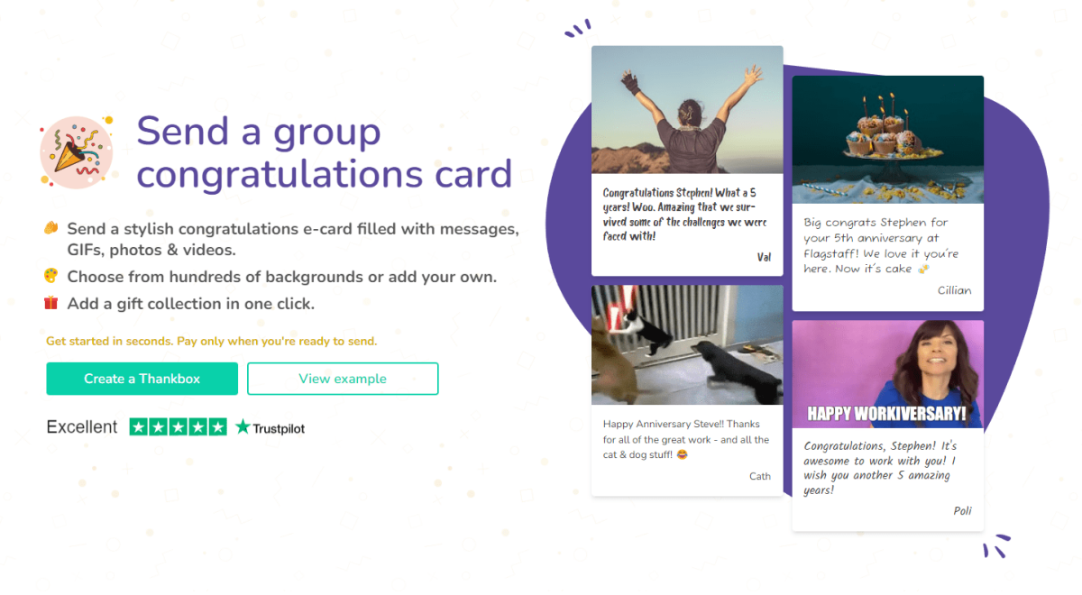 A snip of Thankbox Congratulations card landing page