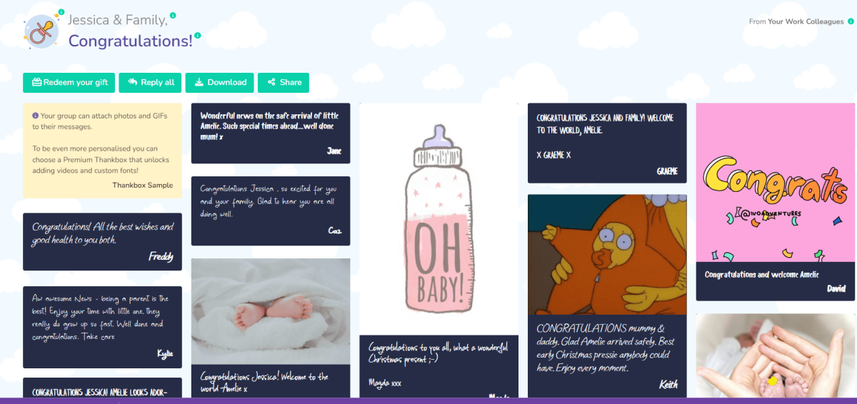 A sample Thankbox new baby digital card full of messages, GIFs, photos and video.