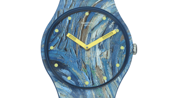 A blue Swatch watch face