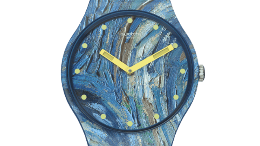 A blue Swatch watch face