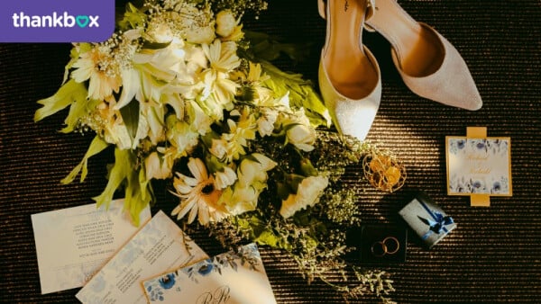 Pair Of Beige Shoes Beside Bouquet and Cards