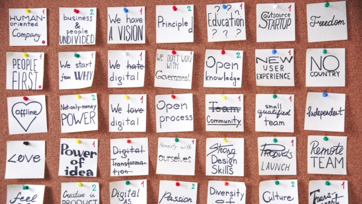 Sticky notes on a corkboard