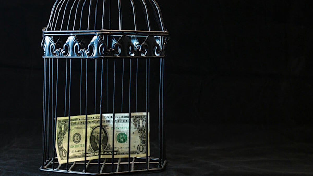 Black Steel Bird Cage With One Dollar Inside