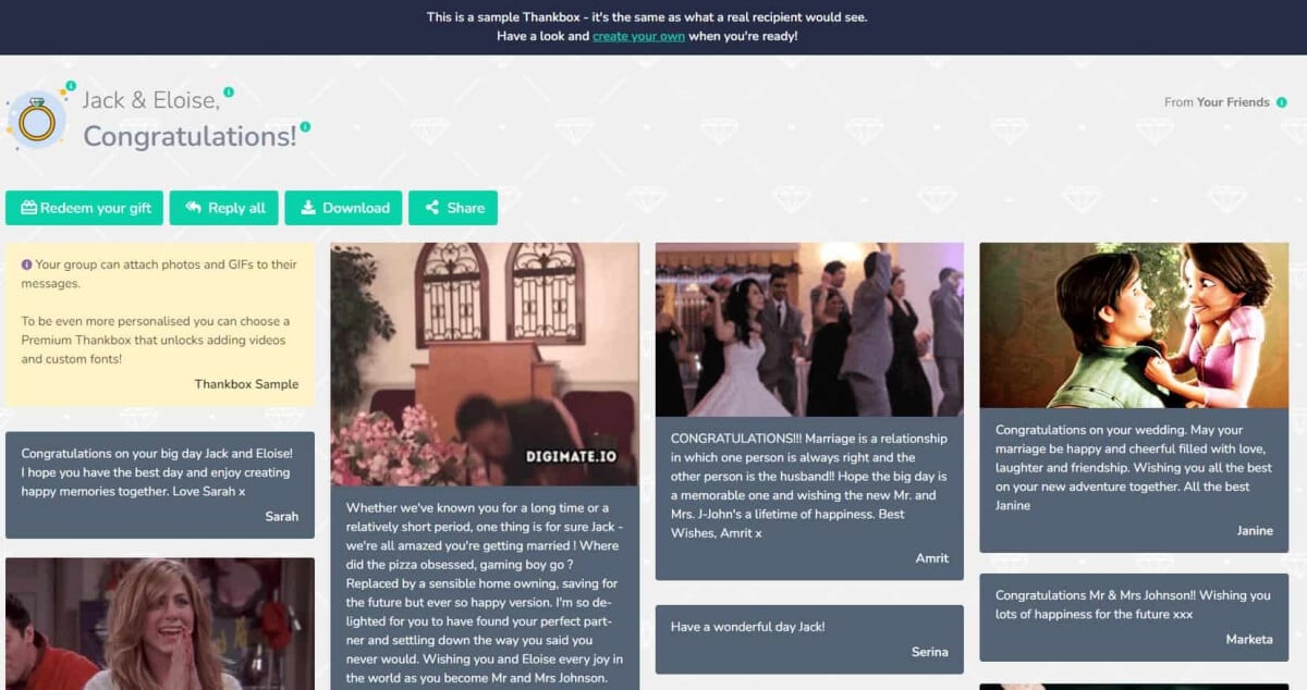 An image of a sample of a Thankbox Wedding Celebration Card