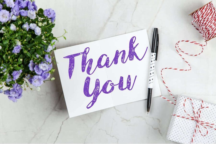 A picture showing a thank you card and gift wrap