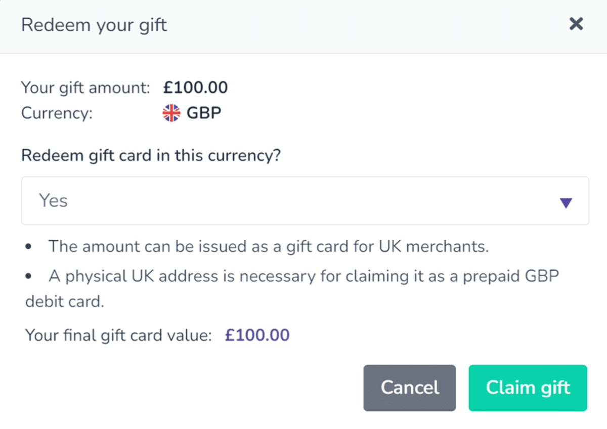 A pic of a the Thankbox gift card redemption screen