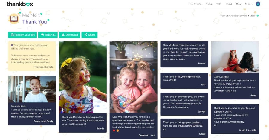 An image of a Thankbox teacher birthday and appreciation sample card, showing personal messages and recollections of school events